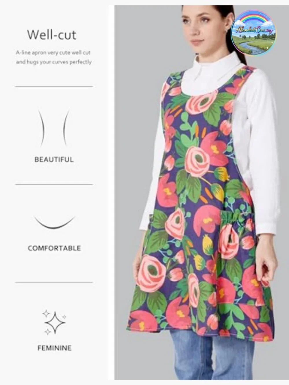 Adjustable Cross Back Apron with Pockets Cotton Linen Blend Full Length